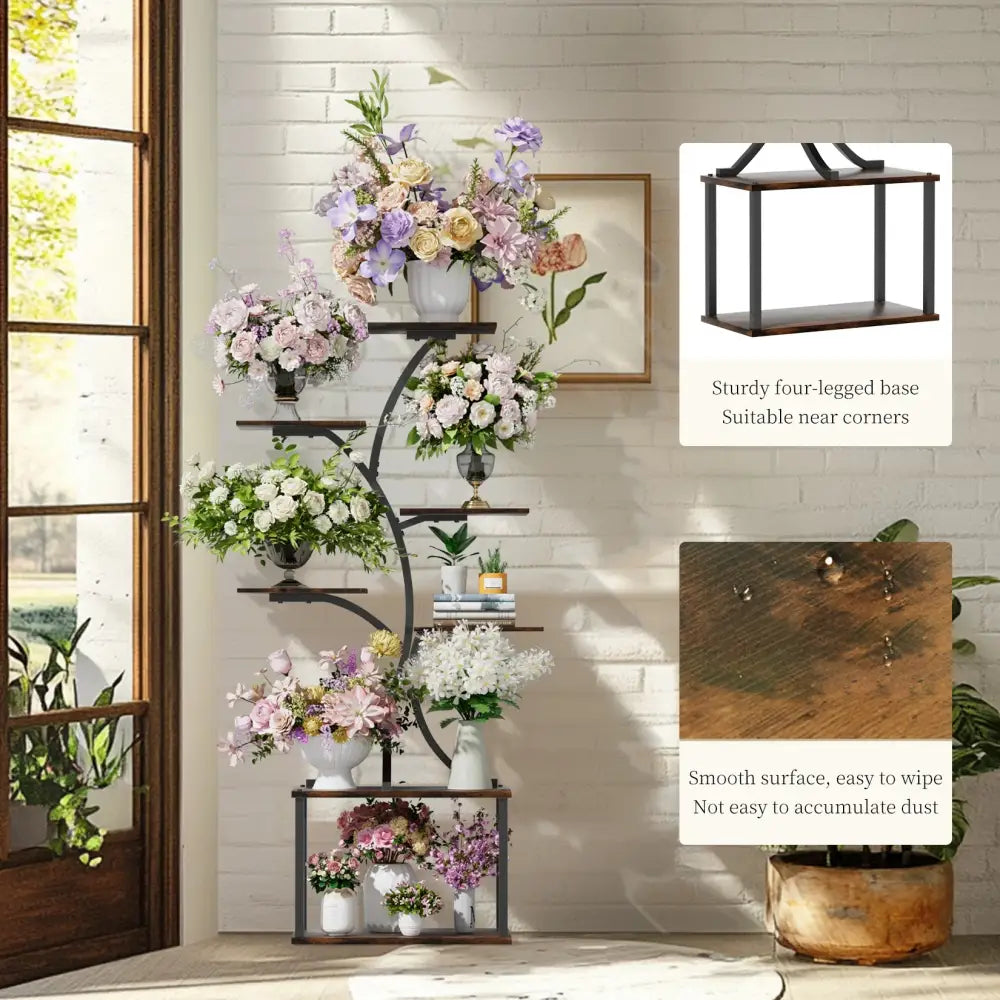 Compact tree black metal plant stand with multiple shelves living room