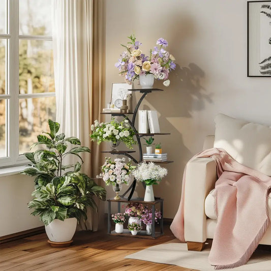 Compact tree black metal plant stand with multiple shelves living room