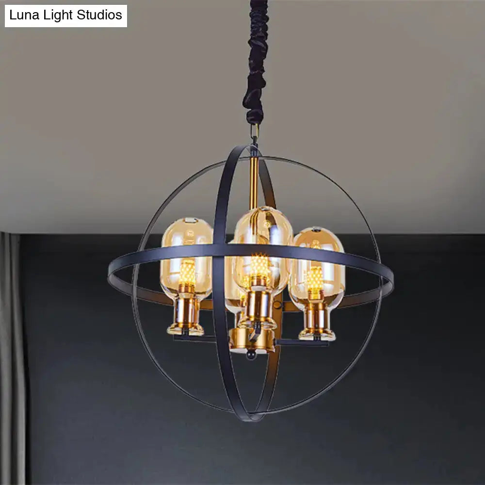 Decorbites amber glass pendant chandelier with three bulbs inside a black circular frame on Tampa Home & Garden Store