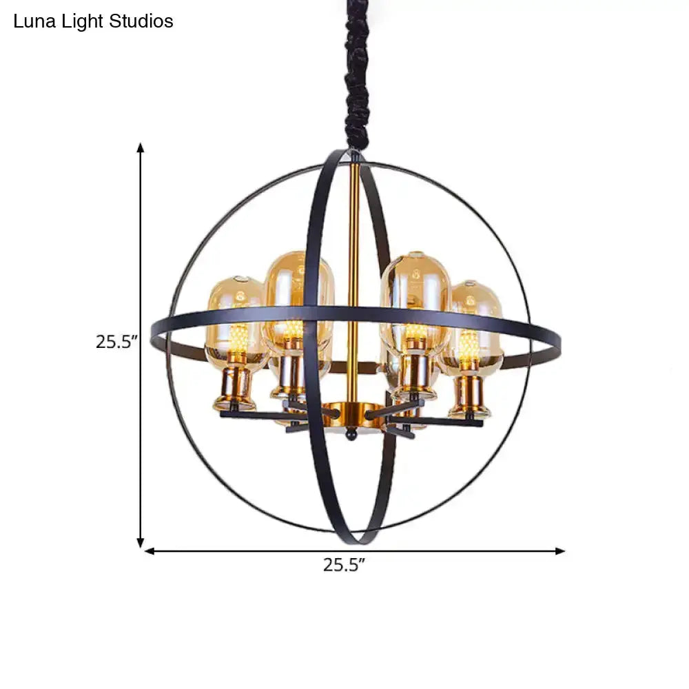 Industrial amber glass pendant chandelier with brass finish and armillary frame, 4 bulbs on Tampa Home & Garden Store