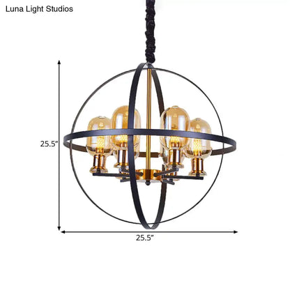 Industrial amber glass pendant chandelier with brass finish and armillary frame, 4 bulbs on Tampa Home & Garden Store