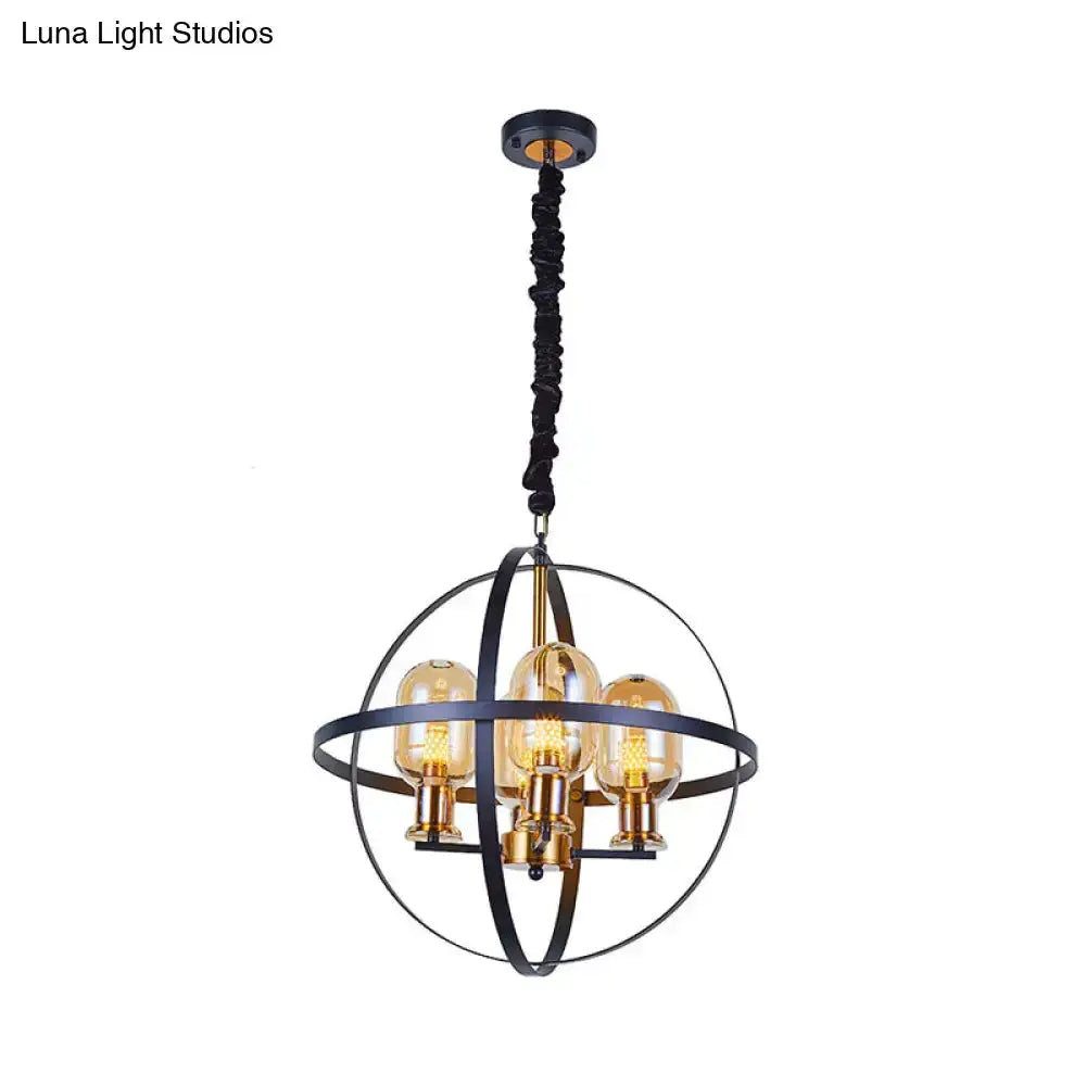 Industrial amber glass pendant chandelier with brass accents and spherical ring frame, 3 bulbs on Tampa Home & Garden Store
