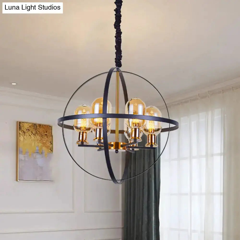 Industrial amber glass pendant chandelier with brass finish ring frame 5-bulb dining on Tampa Home & Garden Store