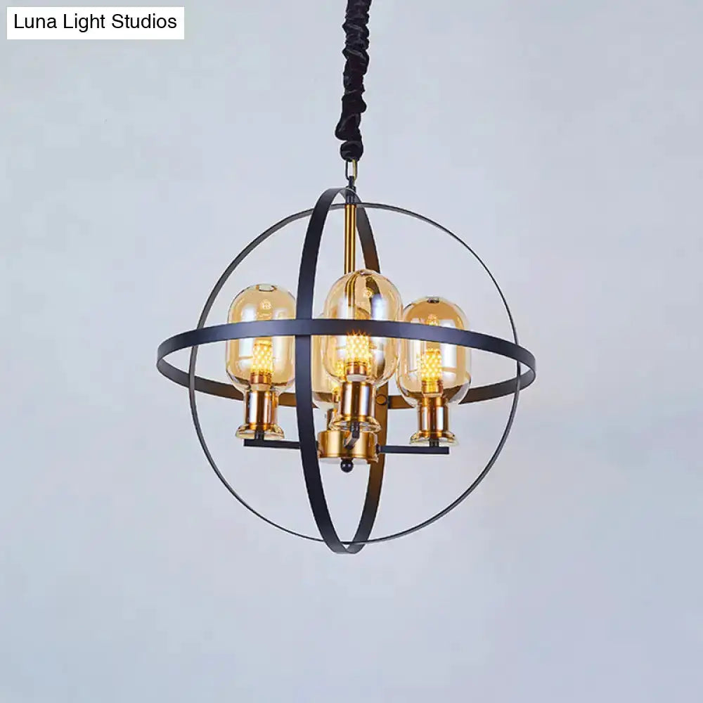 Amber glass pendant chandelier with brass in black armillary sphere, four bulbs Decorbites on Tampa Home & Garden Store