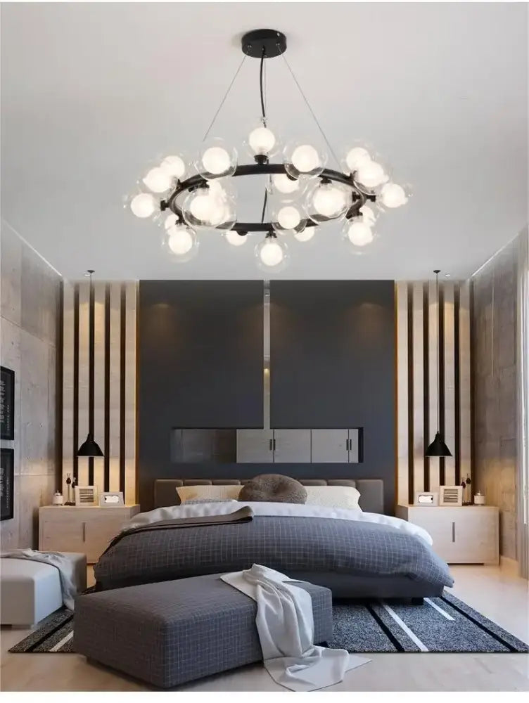 Black Gold Glass Ball Chandelier circular black metal frame with glass globes Decorbites on Tampa Home & Garden Store