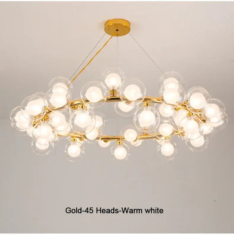 Black Gold Glass Ball Chandelier with circular gold frame and warm white globes, 45 heads on Tampa Home & Garden Store
