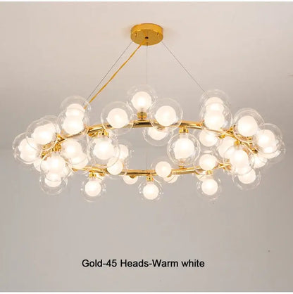 Black Gold Glass Ball Chandelier with circular gold frame and warm white globes, 45 heads on Tampa Home & Garden Store