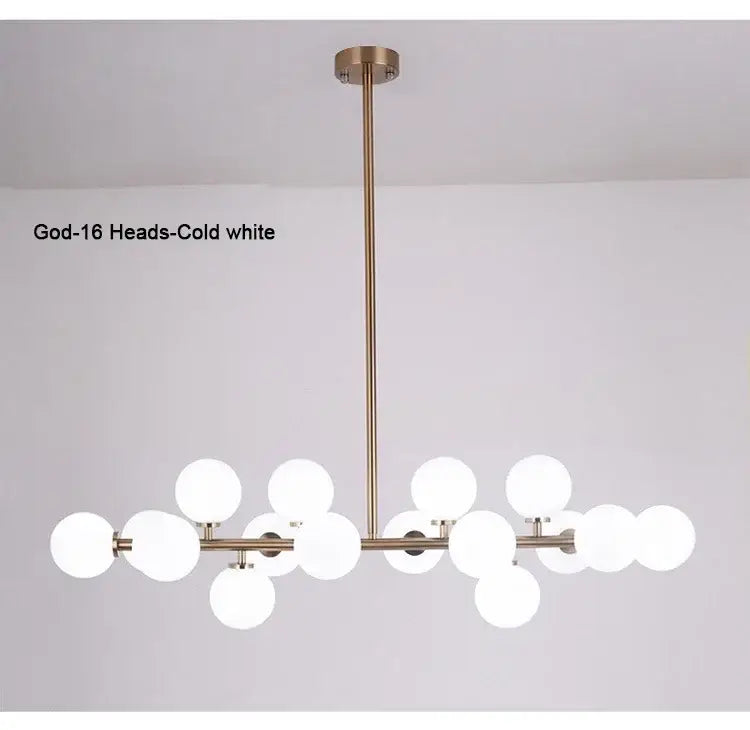 Black Gold Glass Ball Chandelier by Decorbites, brass finish with 16 white glass globes on Tampa Home & Garden Store