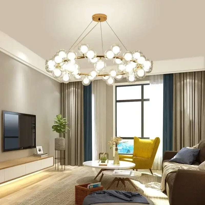 Black Gold Glass Ball Chandelier by Decorbites, glass globes on gold frame in living room on Tampa Home & Garden Store