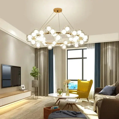 Black Gold Glass Ball Chandelier by Decorbites, glass globes on gold frame in living room on Tampa Home & Garden Store