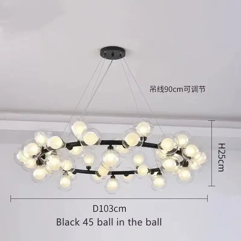 Black Gold Glass Ball Chandelier by Decorbites, 45 spheres on a black ring with cables on Tampa Home & Garden Store