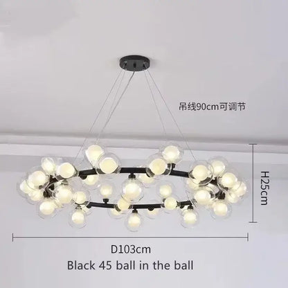 Black Gold Glass Ball Chandelier by Decorbites, 45 spheres on a black ring with cables on Tampa Home & Garden Store