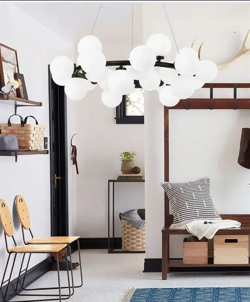 Black Gold Glass Ball Chandelier by Decorbites, cluster of white glass globes on black frame on Tampa Home & Garden Store