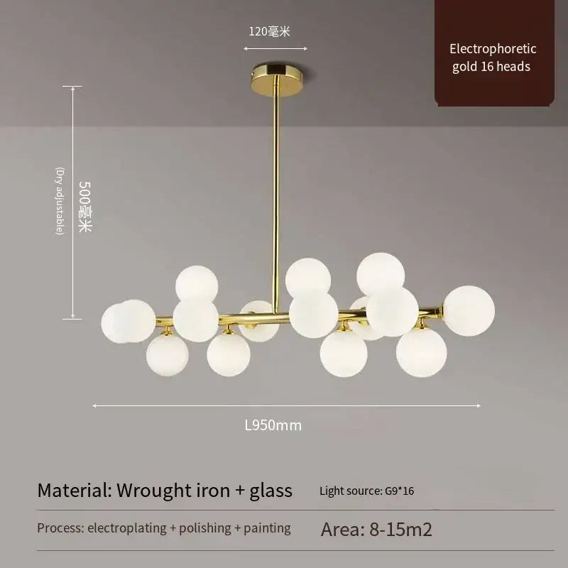 Black Gold Glass Ball Chandelier by Decorbites, 16 frosted glass globes on a wrought iron frame on Tampa Home & Garden Store