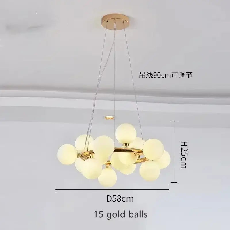 Black Gold Glass Ball Chandelier by Decorbites, 15 frosted glass orbs on a gold frame on Tampa Home & Garden Store