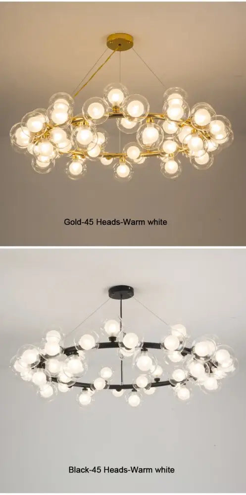 Black Gold Glass Ball Chandelier by Decorbites, 45 warm-white bulbs on circular frame on Tampa Home & Garden Store