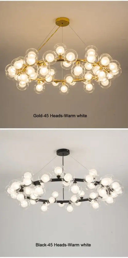 Black Gold Glass Ball Chandelier by Decorbites, 45 warm-white bulbs on circular frame on Tampa Home & Garden Store