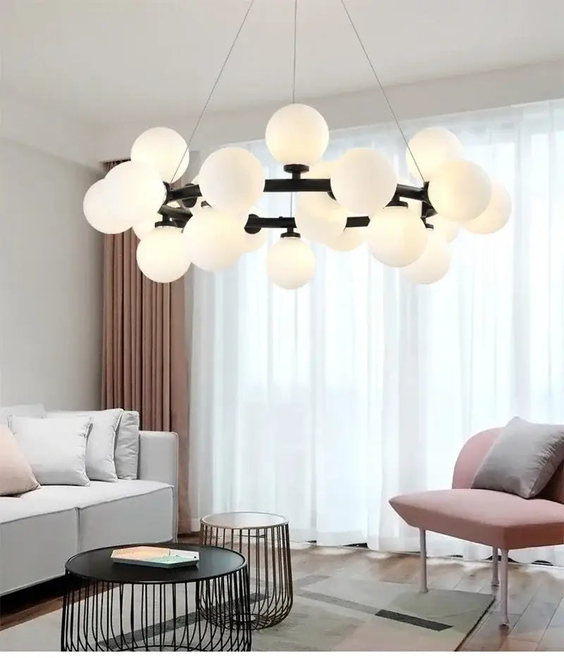 Black Gold Glass Ball Chandelier by Decorbites, black metal frame with white glass globes on Tampa Home & Garden Store