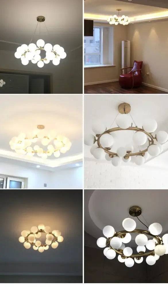 Black Gold Glass Ball Chandelier by Decorbites, brass ring with white frosted glass globes on Tampa Home & Garden Store