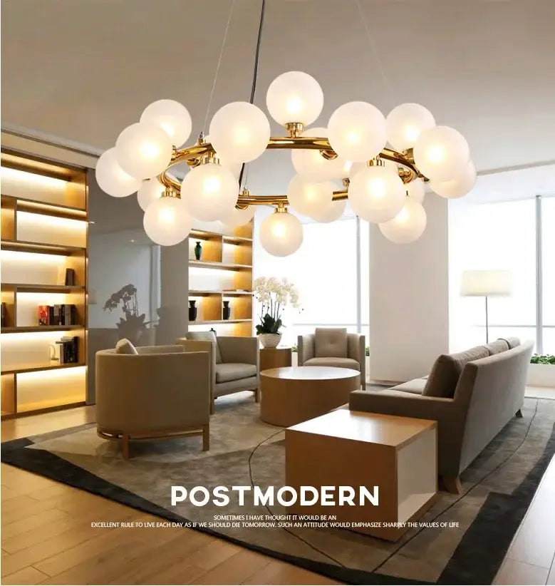 Black Gold Glass Ball Chandelier by Decorbites, gold ring frame with white glass globes on Tampa Home & Garden Store