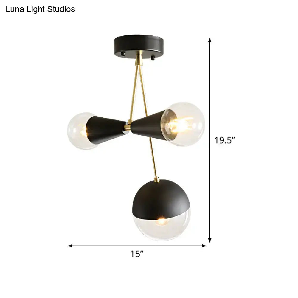 Black glass flush mount light by Decorbites, brass accents, three-globe cluster on Tampa Home & Garden Store