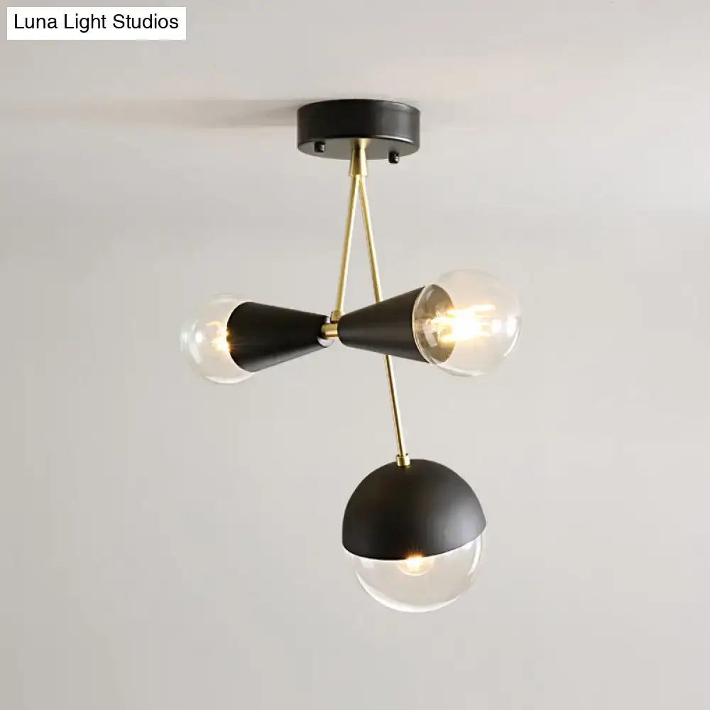 Black Glass Flush Mount ceiling light Decorbites with gold accents and three glass globes on Tampa Home & Garden Store