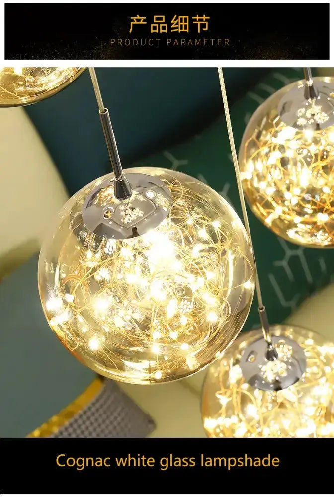Modern spiral crystal ball chandelier pendant lights with cognac glass globes and warm LEDs on Tampa Home & Garden Store