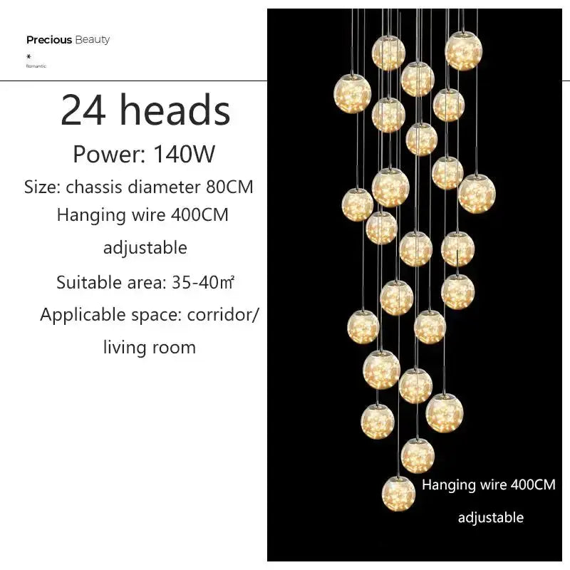 Modern spiral crystal ball chandelier with 24 hanging crystal spheres, warm amber glow on Tampa Home & Garden Store