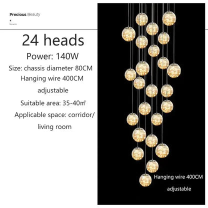 Modern spiral crystal ball chandelier with 24 hanging crystal spheres, warm amber glow on Tampa Home & Garden Store
