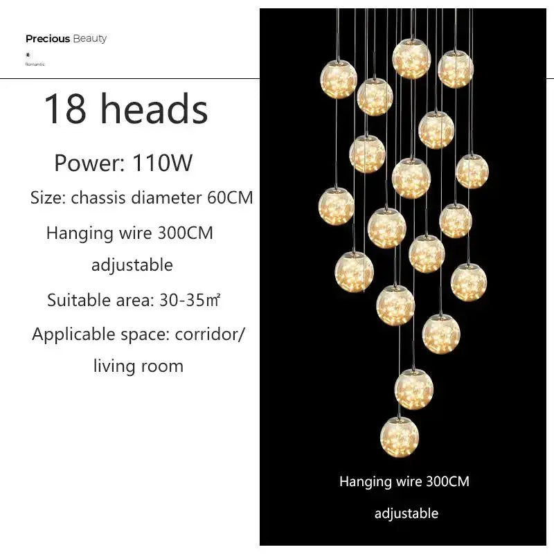 Modern spiral crystal ball chandelier by Decorbites, 18 glass spheres, amber lights on Tampa Home & Garden Store