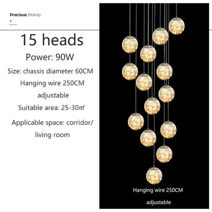 Chandelier: Modern spiral crystal ball pendant with 15 warm glass spheres, adjustable cords on Tampa Home & Garden Store
