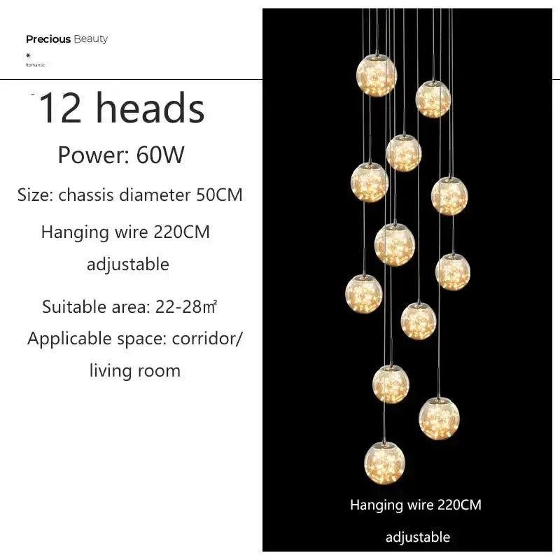 Modern spiral crystal ball chandelier with twelve warm glass spheres on hanging wires on Tampa Home & Garden Store