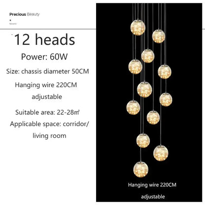 Modern spiral crystal ball chandelier with twelve warm glass spheres on hanging wires on Tampa Home & Garden Store