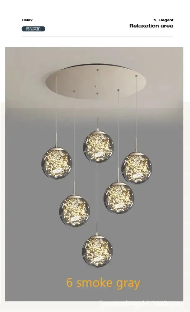 Chandelier Modern spiral crystal ball pendant light with six smoke gray glass orbs on Tampa Home & Garden Store