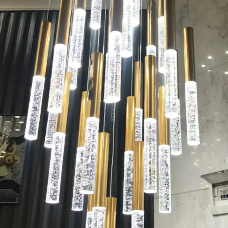 Modern gold crystal chandelier with crystal tubes, Decorbites large staircase pendant light on Tampa Home & Garden Store