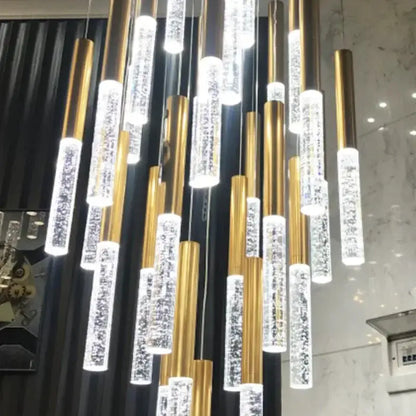 Modern gold crystal chandelier with crystal tubes, Decorbites large staircase pendant light on Tampa Home & Garden Store