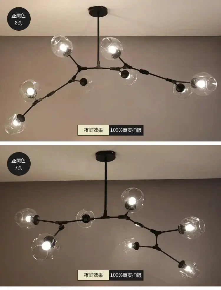 Modern teal glass bubble chandelier by Decorbites with eight globe lights, black frame on Tampa Home & Garden Store