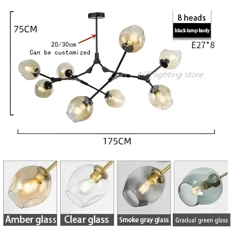 Decorbites eight-globe teal bubble chandelier with black arms and amber, clear, gray globes on Tampa Home & Garden Store