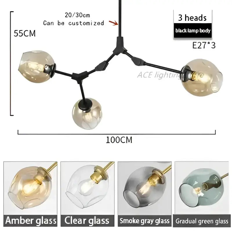 Chandelier Decorbites teal glass bubble three-head living room light on black frame on Tampa Home & Garden Store