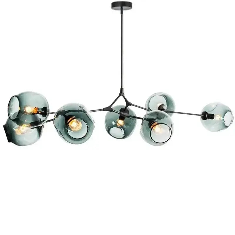 Chandelier Decorbites eight teal glass bubble globes on black metal frame on Tampa Home & Garden Store