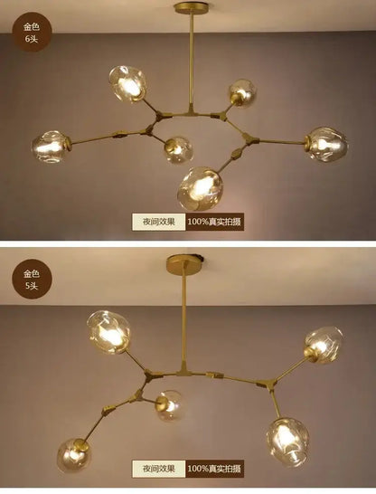 Gold-toned eight-globe glass bubble chandelier by Decorbites with ceiling mount and modern arms on Tampa Home & Garden Store