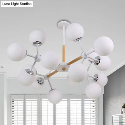 White Globe Chandelier by Decorbites, spherical fixture with chrome arms and wooden accents on Tampa Home & Garden Store
