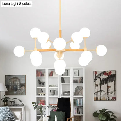 White Globe Chandelier by Decorbites with a wooden frame and multiple white globe bulbs on Tampa Home & Garden Store