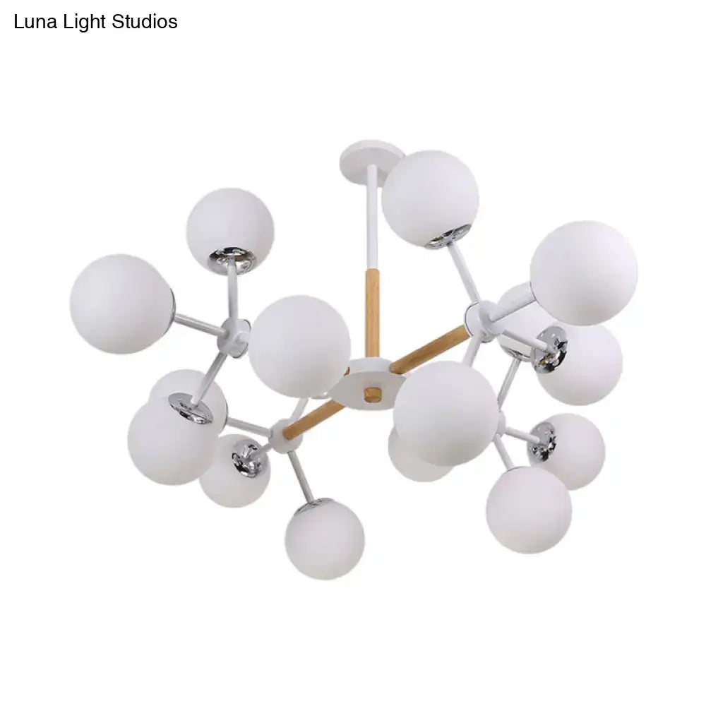 White Globe Chandelier by Decorbites with frosted globes and wood accents, Sputnik ceiling light on Tampa Home & Garden Store