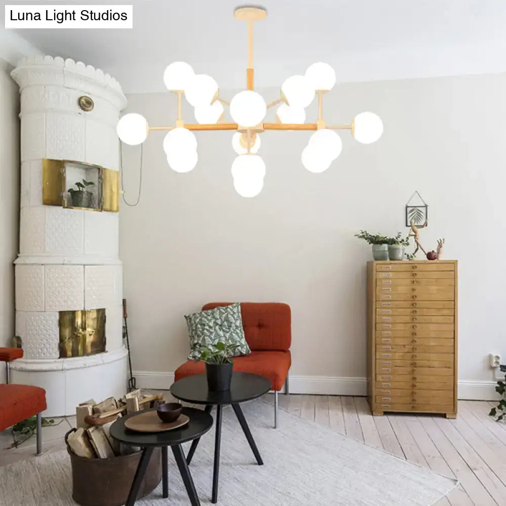 White globe chandelier by Decorbites with natural wood frame and multiple globe bulbs on Tampa Home & Garden Store