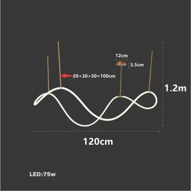 Decorbites modern gold curved LED chandelier pendants, 120cm wide, 1.2m drop, LED 75W on Tampa Home & Garden Store