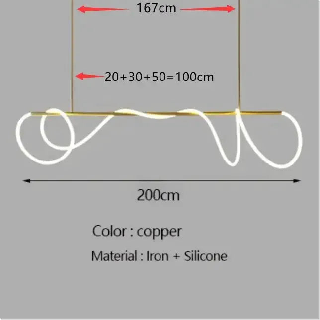 Modern gold curved LED chandelier pendant by Decorbites, copper iron silicone on Tampa Home & Garden Store