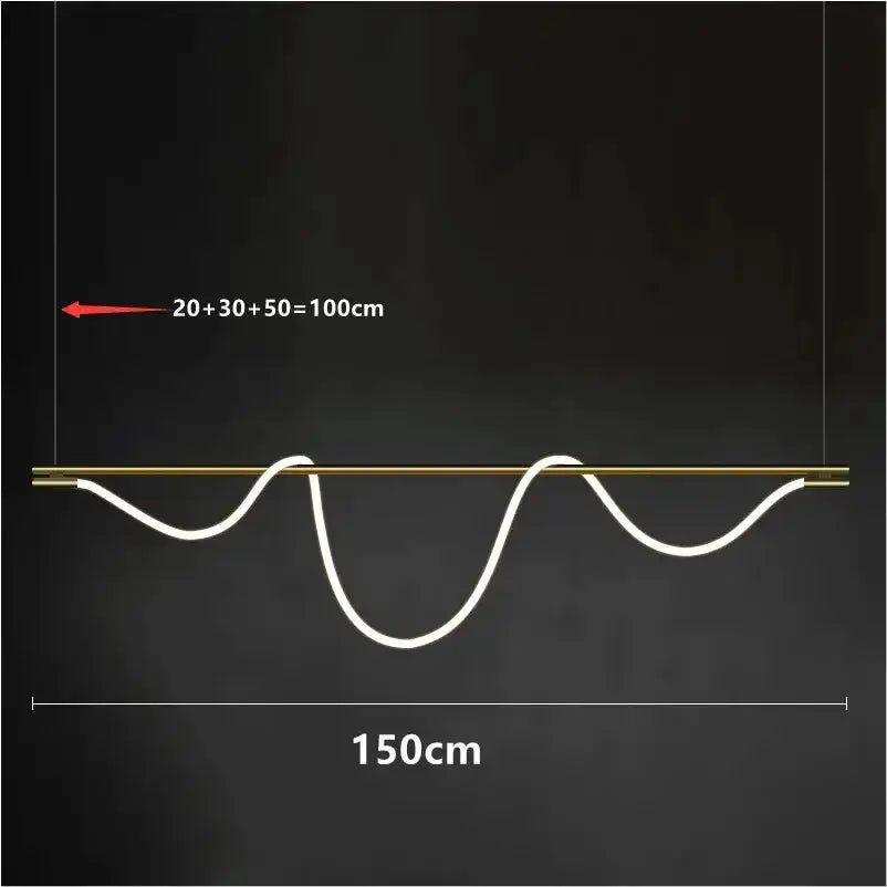 Decorbites modern gold curved LED pendant chandelier with white wave light, 150cm long on Tampa Home & Garden Store