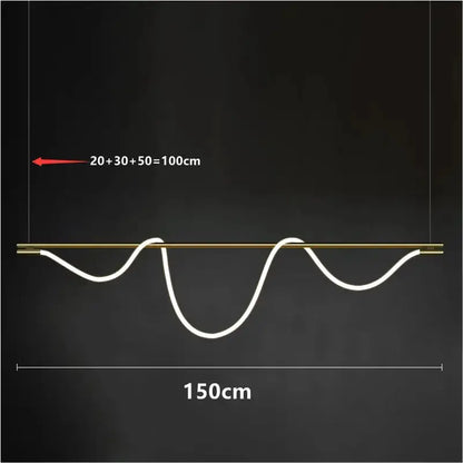 Decorbites modern gold curved LED pendant chandelier with white wave light, 150cm long on Tampa Home & Garden Store