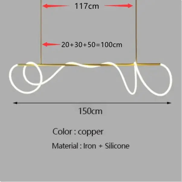 Modern copper LED chandelier pendant light with curved iron + silicone construction 150cm on Tampa Home & Garden Store